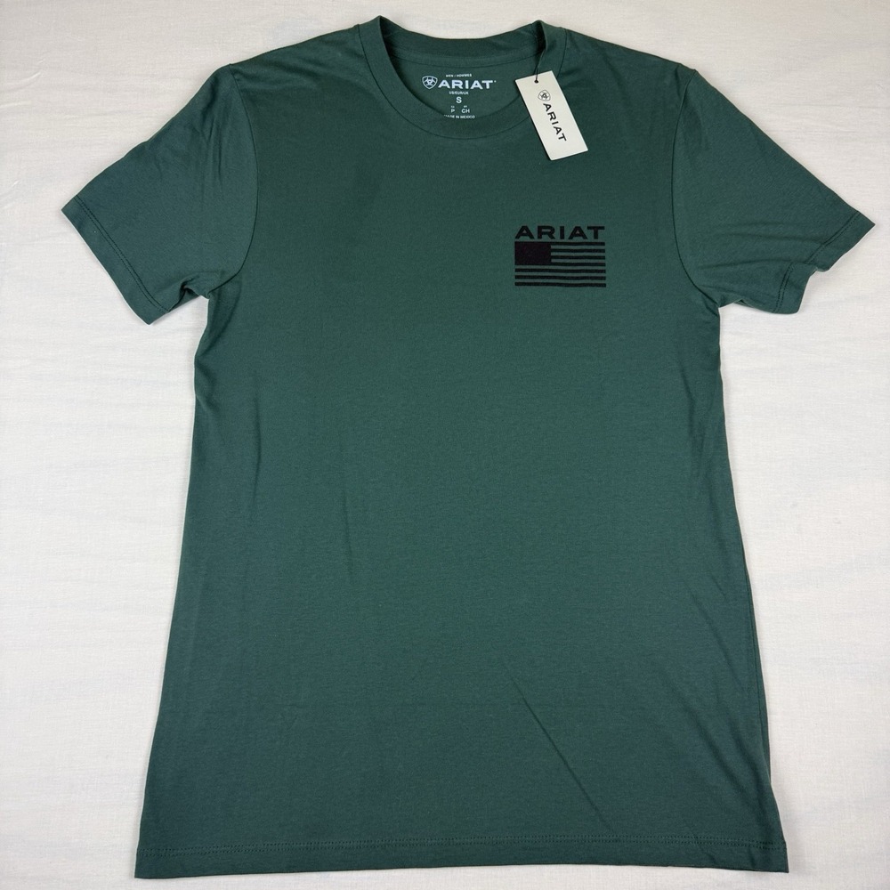 Ariat Rustic Wood Flag Graphic T-Shirt Mens Small Forest Green 10058890 NEW